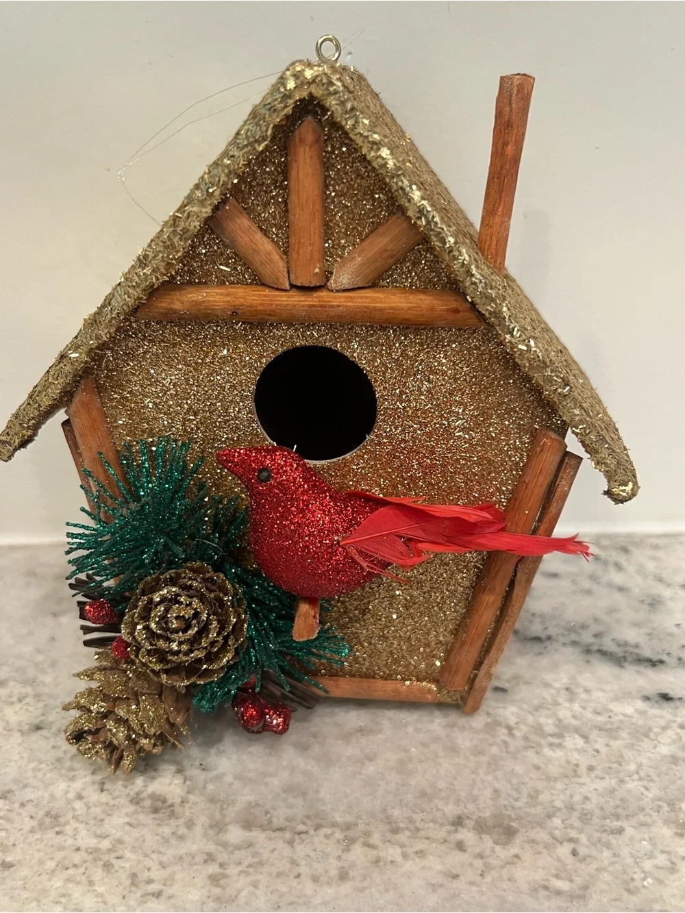 Large Glitter Gold Birdhouse Ornament with Red Cardinal bird